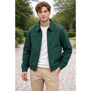 J Crew Harrington Jacket Mens XS Green Cotton Twill Chore Collared Full Zip